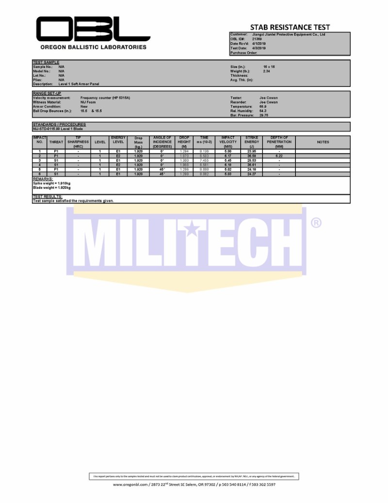 Bulletproof Vest OBL Stab Resistant NIJ Level 1 0115.00 Report 2